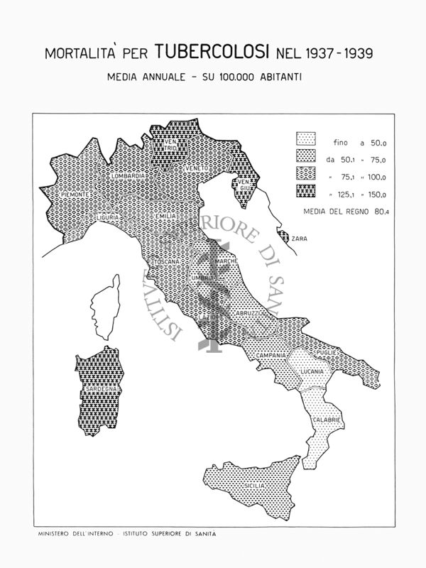 Cartogramma riguardante la mortalità per tubercolosi nel periodo1937-1939