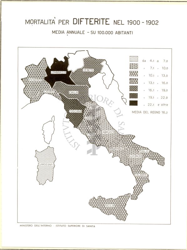 Cartogramma riguardante la mortalità per difterite nel periodo 1900-1902