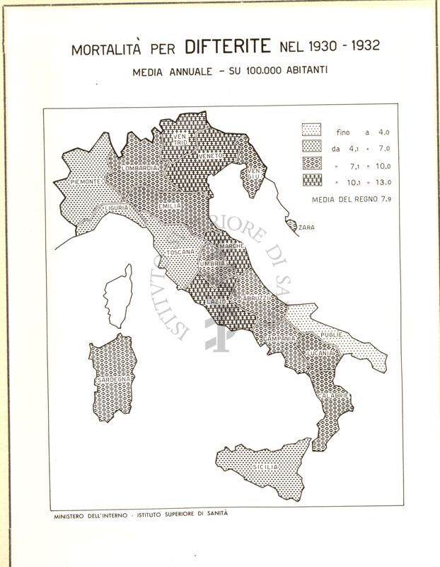 Cartogramma riguardante la mortalità per difterite nel periodo 1930-1932