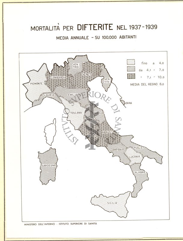 Cartogramma riguardante la mortalità per difterite nel periodo 1937-1939