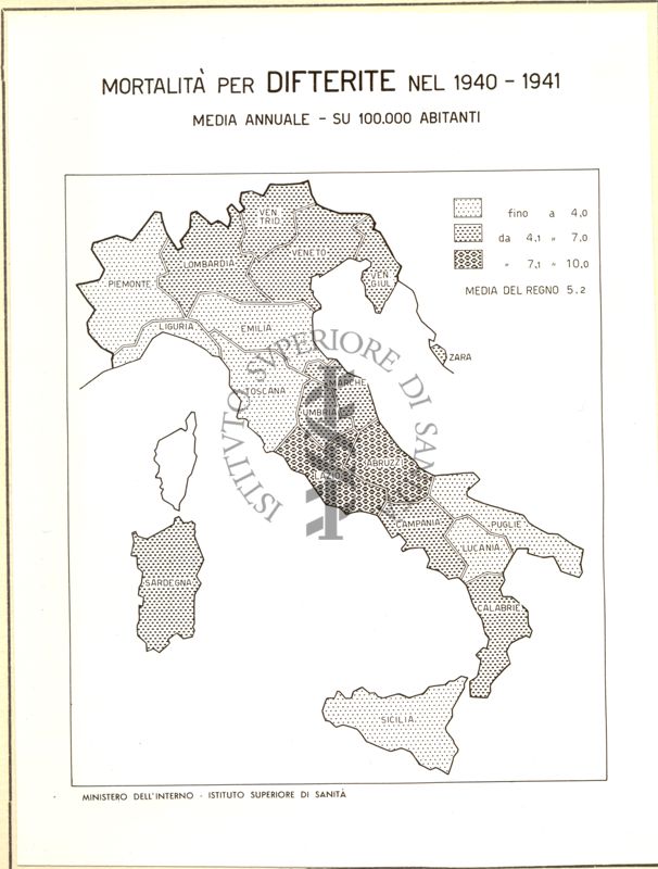 Cartogramma riguardante la mortalità per difterite nel periodo 1940-1941