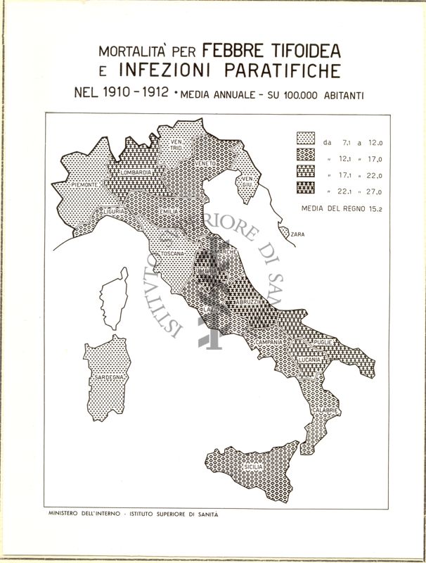 Cartogramma riguardante la mortalità per febbre tifoidea e infezioni paratifiche nel periodo 1910-1912