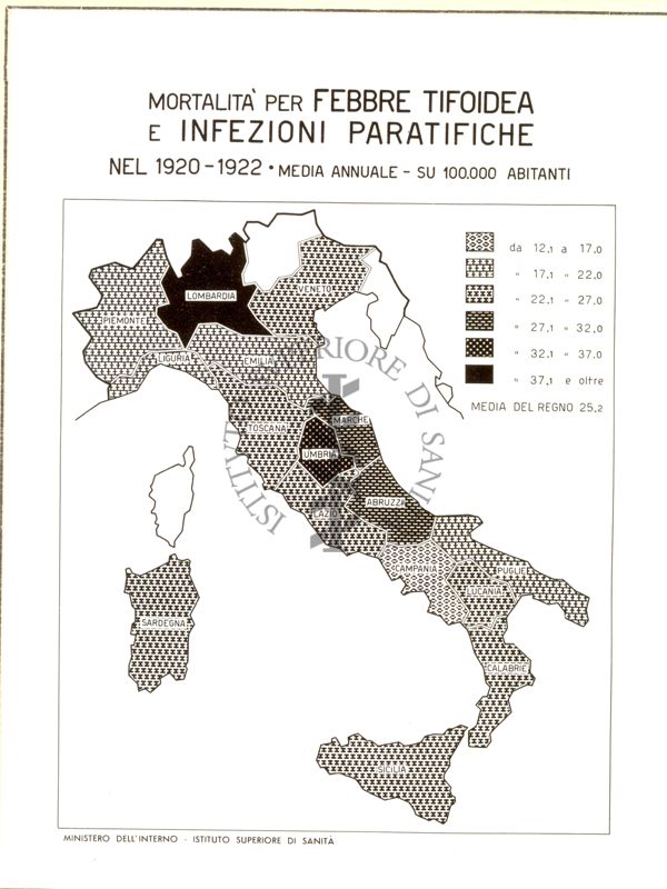 Cartogramma riguardante la mortalità per febbre tifoide e infezioni paratifiche nel periodo 1920-1922