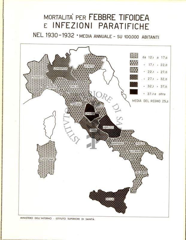 Cartogramma riguardante la mortalità per febbre tifoide e infezioni paratifiche nel periodo 1930-1932