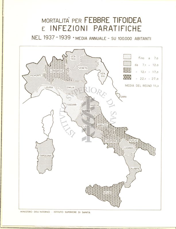 Cartogramma riguardante la mortalità per febbre tifoide e infezioni paratifiche nel periodo 1937-1939