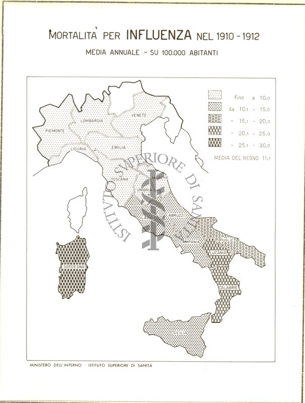 Cartogramma riguardante la mortalità per Influenza nel periodo 1910-1912