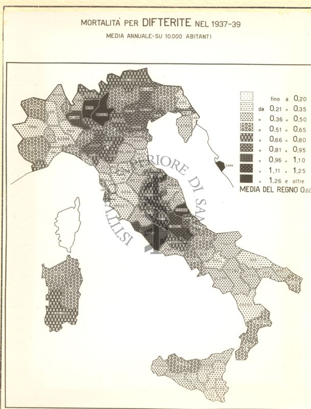 Cartogramma riguardante la mortalità per difterite nel periodo 1937-39.