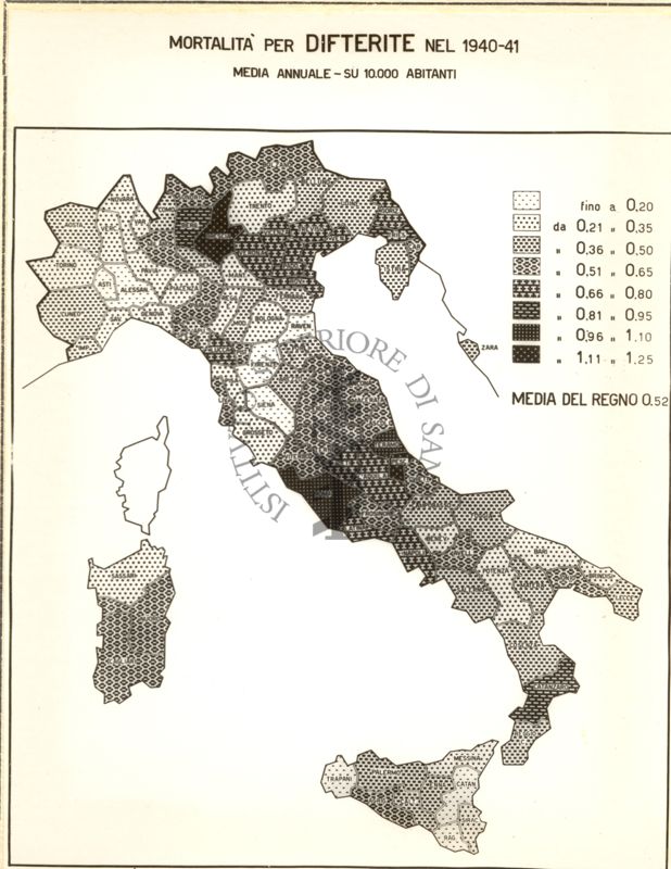 Cartogramma riguardante la mortalità per difterite nel periodo 1940-41