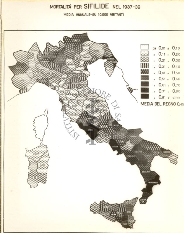 Cartogramma riguardante la mortalità per sifilide nel periodo 1937-49