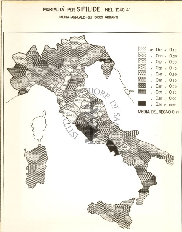 Cartogramma riguardante la mortalità per sifilide nel periodo 1940-41