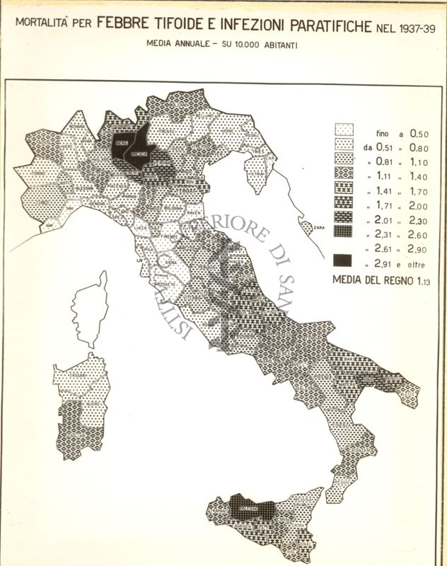 Cartogramma riguardante la mortalità per febbre tifoide e infezioni paratifiche nel periodo 1937-39