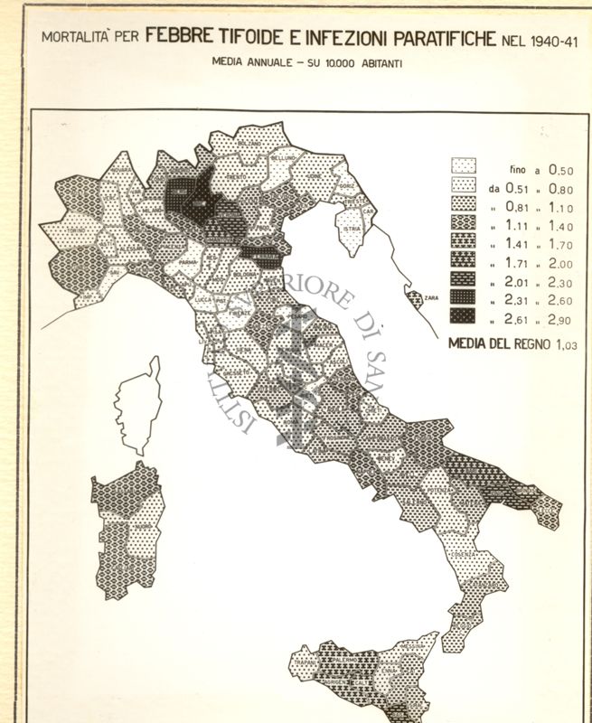 Cartogramma riguardante la mortalità per febbre tifoide e infezioni paratifiche nel periodo 1940-1941