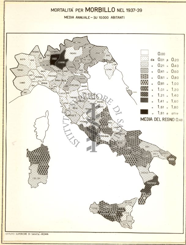 Cartogramma riguardante la mortalità per morbillo nel periodo 1937-1939