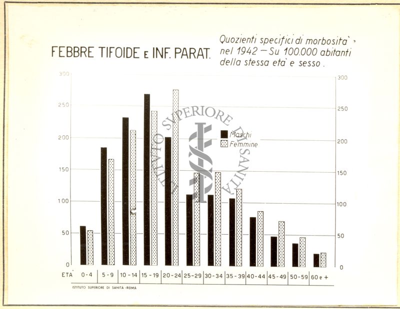 Diagramma riguardante i quozienti specifici di morbosità nel 1942 per febbre tifoide e infezioni paratifiche