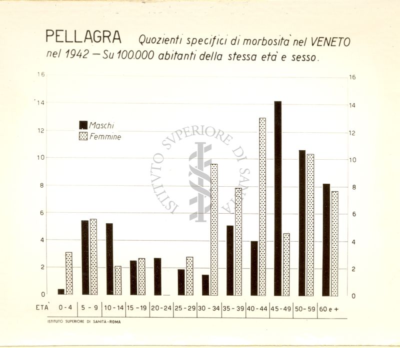 Diagramma riguardante i quozienti specifici di morbosità  nel 1942  per Pellagra