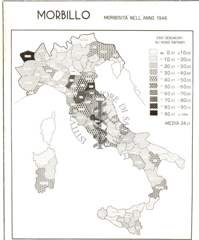 Cartogramma riguardante la morbosità per morbillo nell'anno 1946