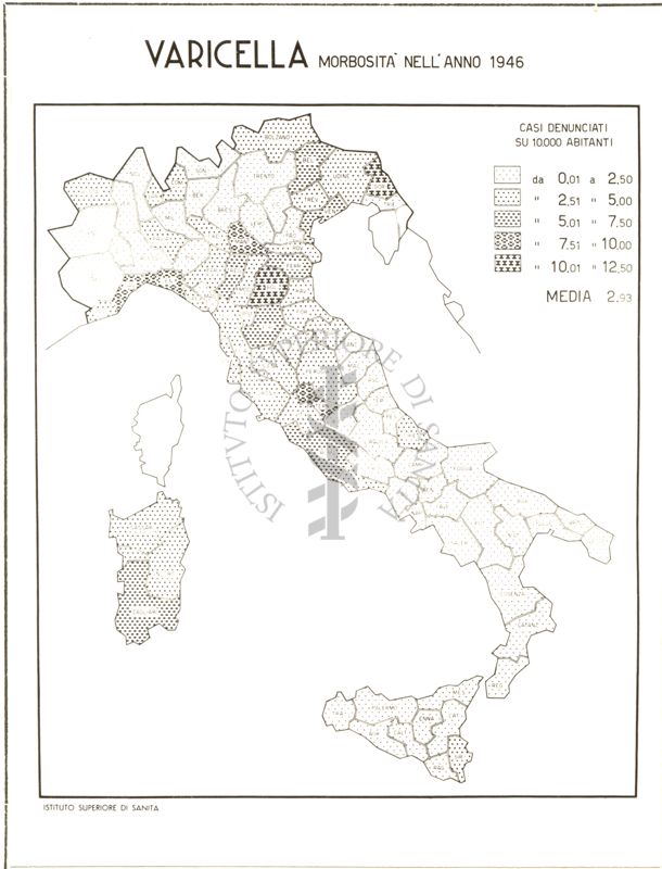 Cartogramma riguardante la morbosità per varicella, nell'anno 1946