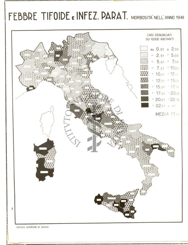 Cartogramma riguardante la morbosità per febbre tifoide e infezioni paratifiche nell'anno 1946