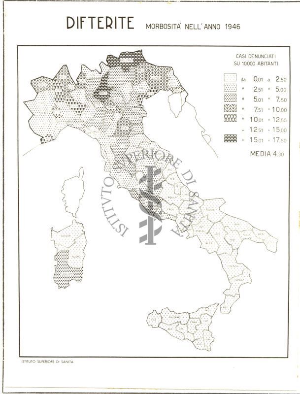 Cartogramma riguardante la morbosità per difterite nell'anno 1946