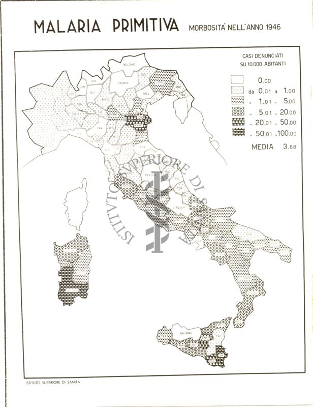 Cartogramma riguardante la morbosità per malaria Primitiva nell'anno 1946