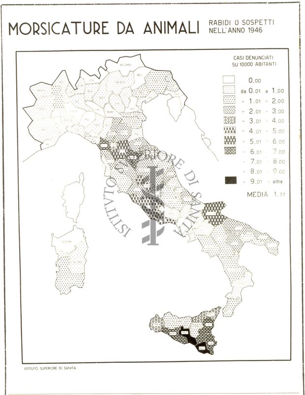 Cartogramma riguardante la morbosità per morsicatura da animali, nell'anno 1946