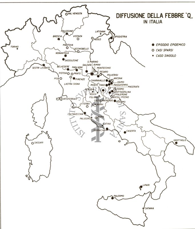 Cartogramma riguardante la diffusione della febbre Q in Italia