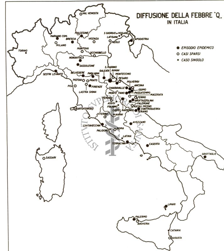 Cartogramma riguardante la diffusione della febbre Q in Italia