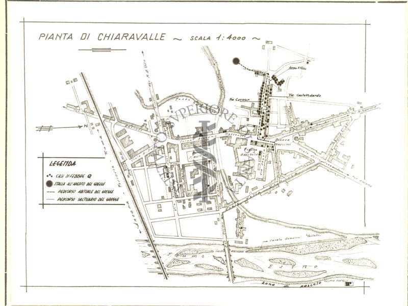 Pianta della città di Chiaravalle con focolai di febbre Q.