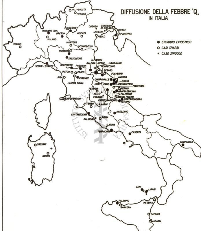 Cartogramma riguardante la diffusione della febbre Q. in Italia.