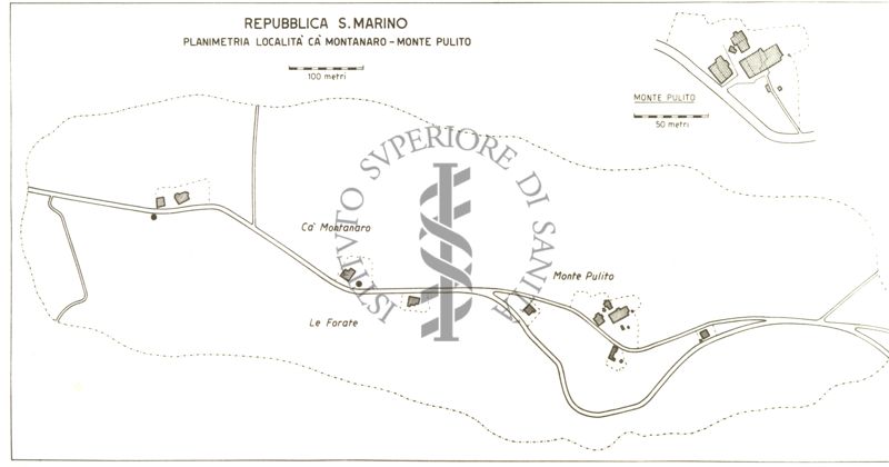 Pianta della Repubblica di S. Marino con focolai di febbre Q. Località Cà Montanaro e Monte Pulito