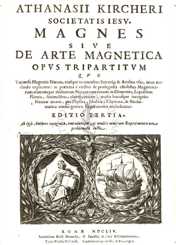 Frontespizio della terza edizione del libro "Magnes sive de arte magnetica opus tripartitum" di Athanasius Kircher, Roma MDCLIV