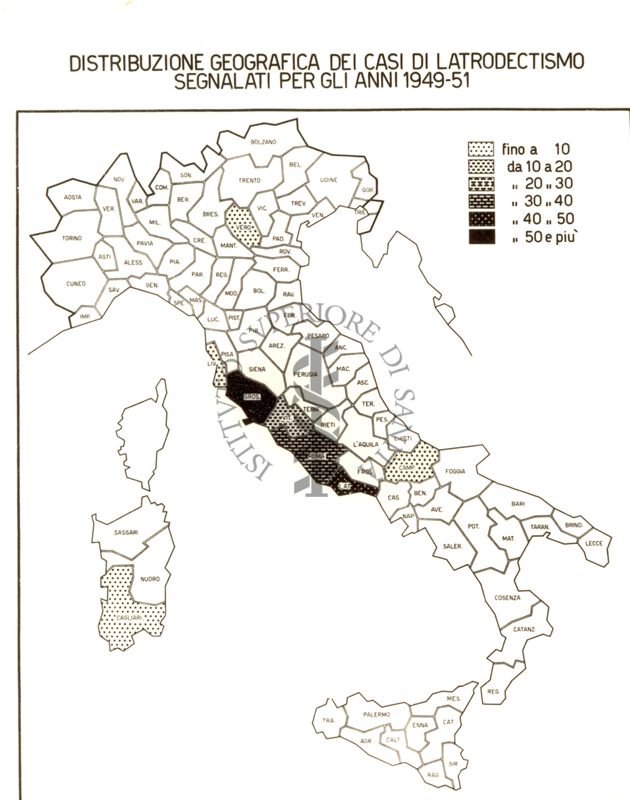 Cartogramma riguardante la distribuzione dei casi di Latrodectismo segnalati per gli anni 1949-51