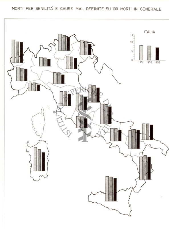 Cartogramma riguardante la mortalità per senilità e cause mal definite su 100 morti in generale