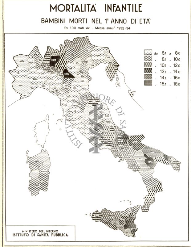 Cartogramma riguardante la mortalità infantile. Bambini nel 1° anno di età