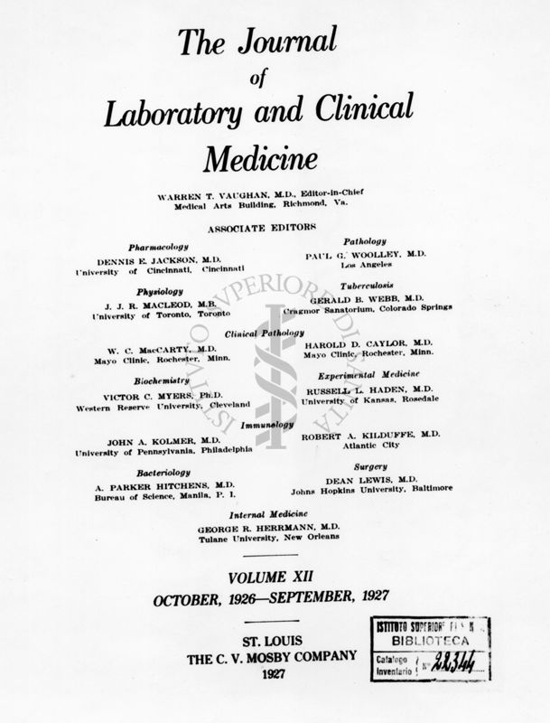 Frontespizio della rivista: The Journals of Laboratory and Clinical Medicine. Sul film segue l'articolo.