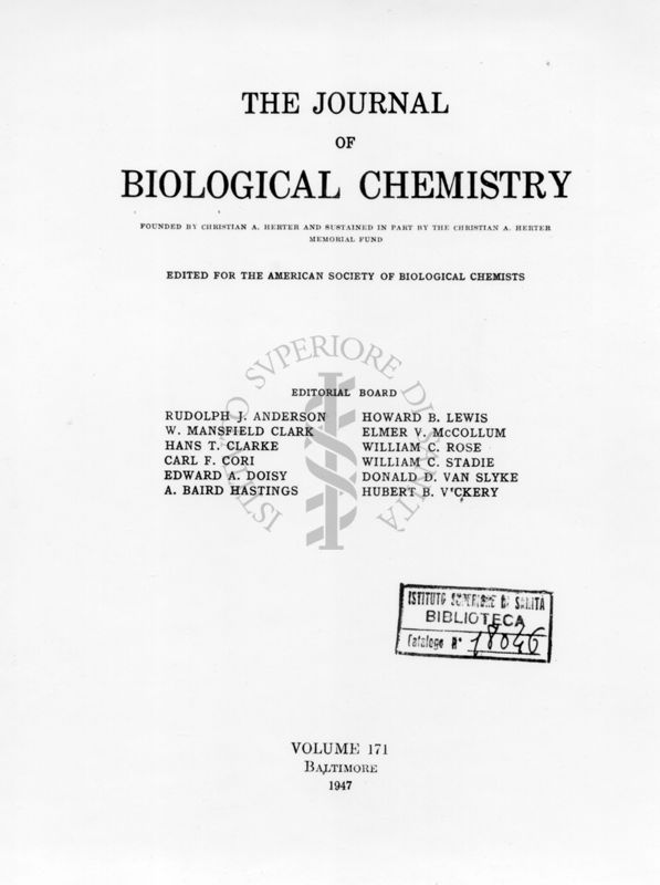 Frontespizio della Rivista: The Journal of Biological Chemistry. Vol. 171