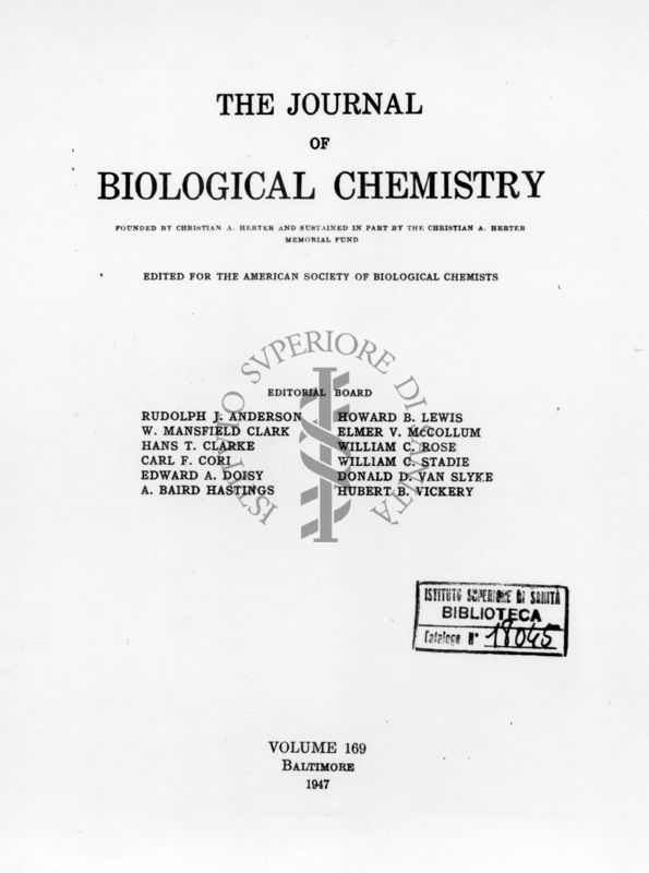 Frontespizio della Rivista: The Journal of Biological Chemistry. Vol, 169