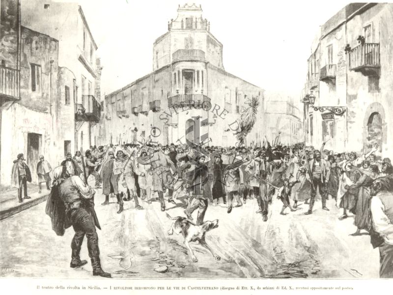 Illustrazione della rivolta in Sicilia, per le vie di Castelvetrano raffigurante una scena di popolo armato in una piazza. Sull'immagine è riportato "disegni di Ett. X su schizzi di Ed. X recatosi direttamente sul posto"