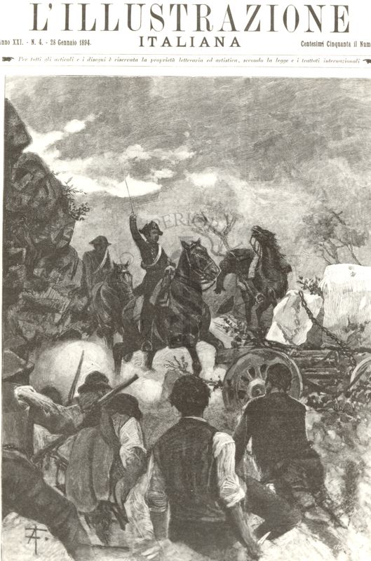 Riproduzione della copertina della rivista "L'Illustrazione Italiana" Anno XXI n. 4 del 28/01/1894, raffigurante una scena di combattimento tra civili a piedi e militari a cavallo in un ambiente di campagna