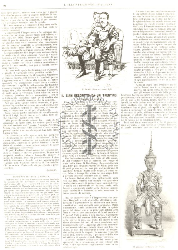 Riproduzione di una pagina della rivista "L'Illustrazione italiana" con un articolo dedicato a "Il SIAM descritto da un trentino"