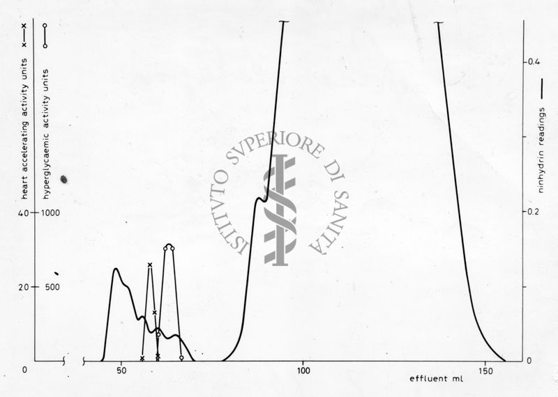 Grafico su uno studio  della relazione tra il reagente ninhydrin e l'attività cardiaca associata all'attività iperglicemica -  Asse ordinate: unità per attività cardiaca e per reagente ninhydrin; asse ascisse: effluente in ml