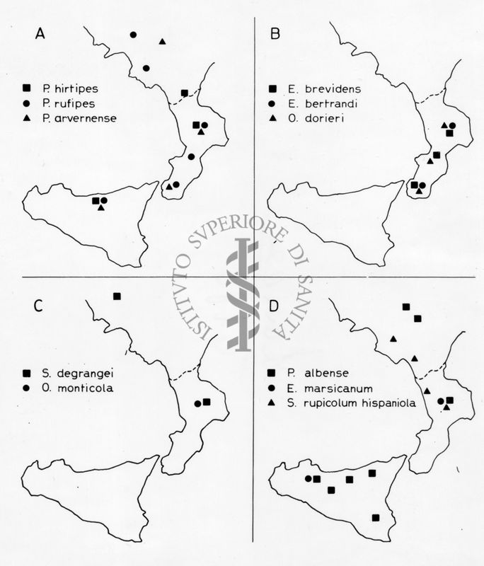 Schema che riporta la distribuzione di 11 specie di Ditteri Simulidi in Calabria e in Sicilia