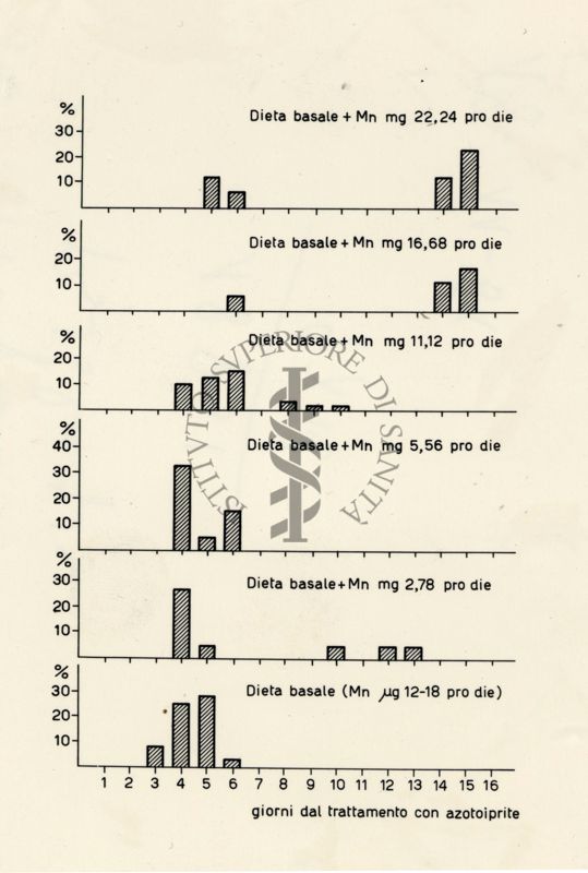 Grafico riguardante la distribuzione percentuale della mortalità di ratti trattati con azotoiprite in corso di trattamento dietetico con cloruro di manganese