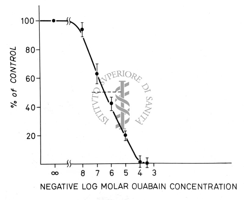 Grafico sulla concentrazione di Oubaina rispetto ad una percentuale di riferimento. Asse delle ordinate: % di riferimento; asse delle ascisse: concentrazione di Oubaina