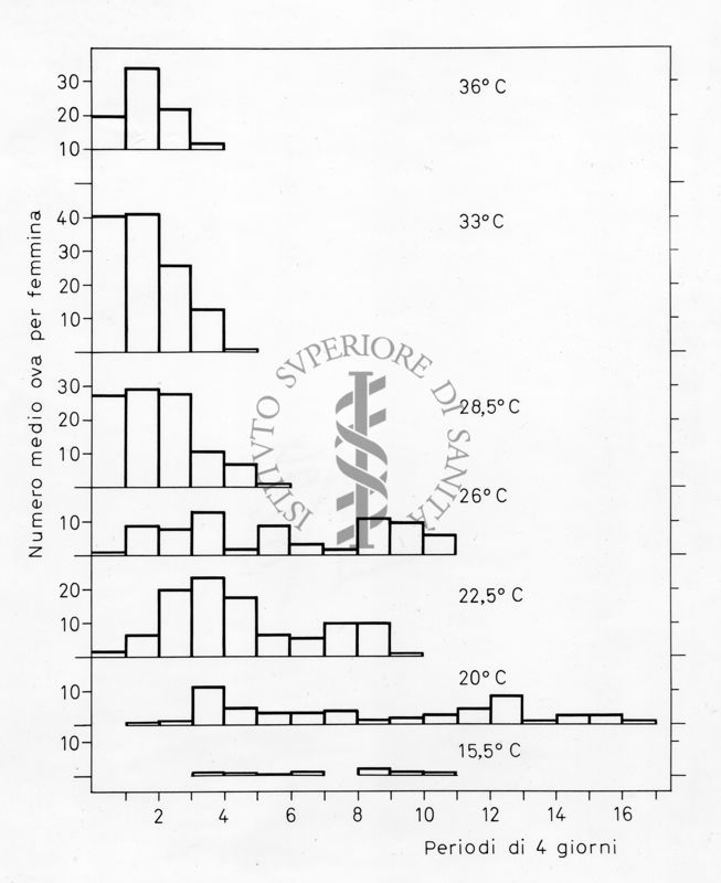 Grafico relativo ad uno studio probabilmente su colonie di  acari. Asse delle ordinate: numero medio ova per femmina; asse delle ascisse: periodo di 4 giorni