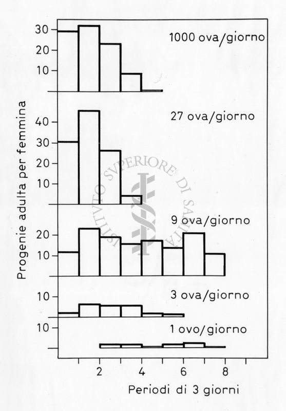 Grafico relativo ad uno studio probabilmente su colonie di  acari. Asse delle ordinate: progenie adulta per femmina; asse delle ascisse: periodi di 3 giorni