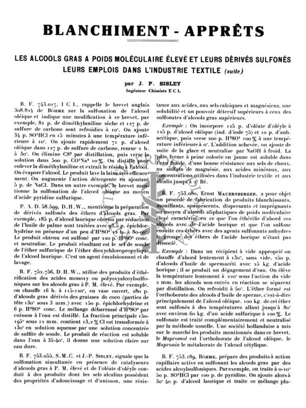 Sostanze d'imbiancamento. Gli alcoli grassi a peso molecolare alto e loro derivati sulfonati. Il loro impiego nell'industria tessile. Sisley.