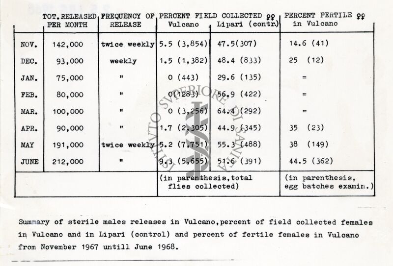 Tabella riassuntiva dei risultati di un esperimento di rilascio di maschi sterili di mosche (?) a Vulcano e Lipari  (controllo) e percentuale di femmine fertili raccolte a Vulcano da novembre 1967 e giugno 1968
