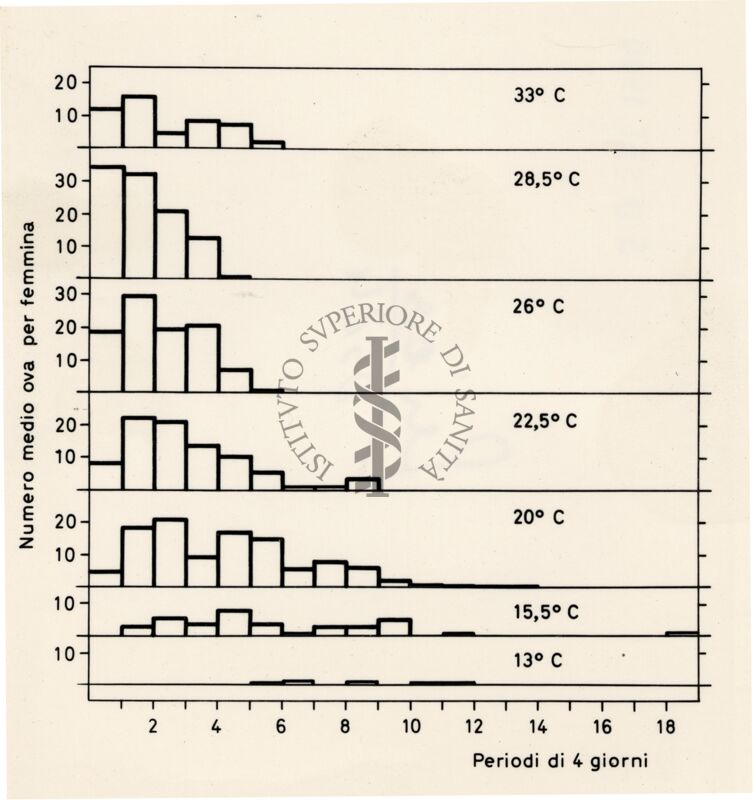 Grafico - asse delle ordinate: numero medio ova per femmina; asse delle ascisse: periodi di 4 giorni