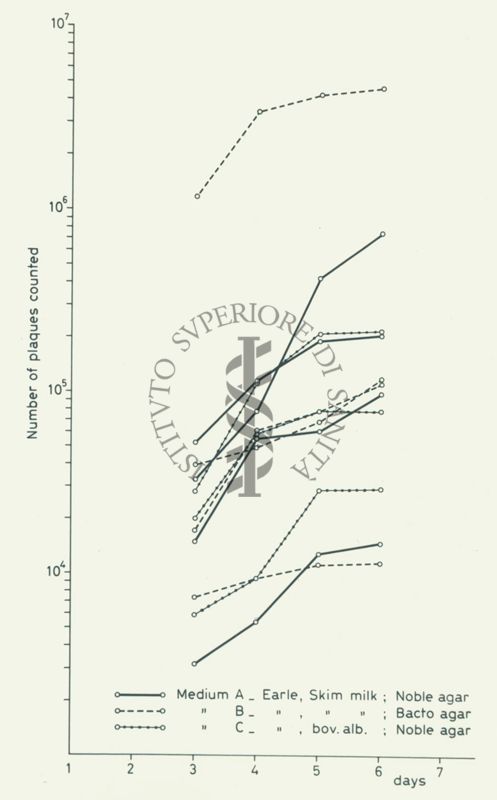 Grafico: sull'asse delle ordinate è scritto "Number of plaques counted", sull'asse delle ascisse sono riportati i giorni, all'interno del grafico sono riportati vari parametri